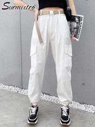 SURMIITRO Korean Style Ins Cotton High Waist Ankle Harem Pants Women With Belt Autumn Winter Female Cargo Pants White Black 210712