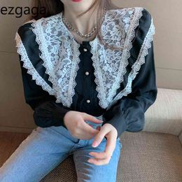 Ezgaga Sweet Blouse Women Vintage Hollow Out Embroidery Lace Patchwork Ruffled Spring Fashion Loose Korean Ladies Shirts 210430
