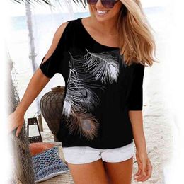 Women Summer Tshirt Casual Short Sleeve Tops Tees Sexy Off Shoulder Feather Print T-Shirt O-neck Loose Plus Size 5XL Shirts 210324