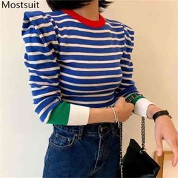 Korean Striped Color-blocked Knitted Sweaters Pullovers Autumn Winter Long Sleeve O-neck Tops Casual Fashion Ladies Jumpers 210914