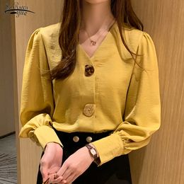 Lantern Long Sleeve Office Lady Clothes with Button V-neck Women Shirt Solid Tops Blouse All-match Korean blusa 10567 210521
