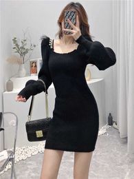 Spring new design women's sqaure collar lantern long sleeve knitted beading feather patched bodycon tunic short sweater dress SMLXL