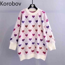 Korobov New Women Sweaters Korean Sweet Love Hit Color Patchwork Sueter Mujer Vintage O Neck Long Sleeve Knit Pullovers 210430