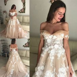 2022 Champagne Wedding Dresses Beach Bridal Gown Sleeveless Off the Shoulder 3D Floral Applique Custom Made Sweep Train Tulle vestidos de novia