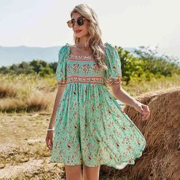 Summer vintage dress spring O neck floral puff sleeves stitching bandage mini dress womens Beach Style Dress vestidos 210514