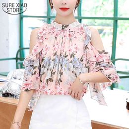 Summer Woman's Shirts Korean Bell Sleeve Off Shoulder Round Neck Short Floral Shirt Loose Top Female 9788 210508