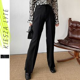 High Waist Women Trousers Fashion Streetwear Ladies Wide Leg Minimalism Black Female Slits Flare Suit Pants 210608