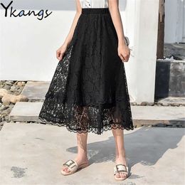 Vintage Casual Elastic High Waist Lace Pleated Skirt Women Summer White Korean A-Line Black Net Long Sweet Female Skirt 210619