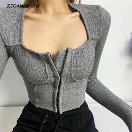 Vintage Women Knitted Cardigan France Style Square Collar Covered Buttons Cropped Sweater Long Sleeve Knitwear 3 colors 210429
