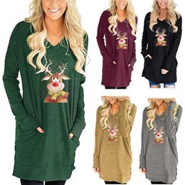 Women's T-Shirt Women Clothing Autumn Long Sleeve Tops Loose V-Neck Streetwear Christmas Print Casual Pocket Split Fork Ladies Top