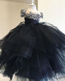 2021 Black Lace Flower Girl Dresses Ball Gown Beaded Tiers Tulle Lilttle Kids Birthday Pageant Weddding Guest Wear