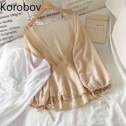 Korobov Summer New Solid V Neck Women Chiffon Blouses Korean Long Sleeve Sunscreen Thin Shirts Preppy Style Outwear Tops 210430