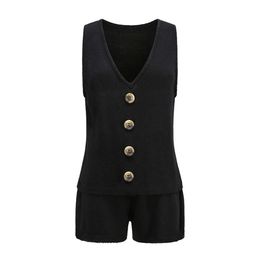 Summer Knit Hollow Out Women's Vest Suit Buttons V-Neck Sleeveless Vests And Shorts Women Set 2021 Leisure Lady 2 Pieces Sets X0428