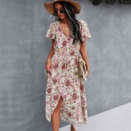 Summer A-Line print Sexy dress for women V-neck ruffles beach high-waist casual slits ladies bohemian midi vestidos 210508