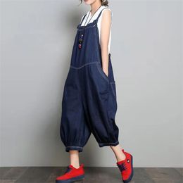 Arrival Spring/summer Women Loose Casual All-matched Wide Leg Pants Cotton Denim Calf-length Braces Jumpsuit W36 210512