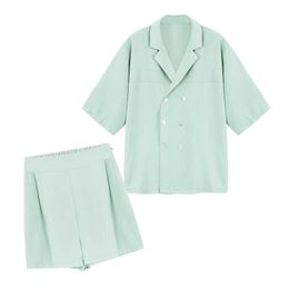 PERHAPS U Women Two Pieces Set Shirt Short Notch Collar Mint Yellow Summer T0170 210529