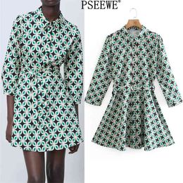 Spring Dress Green Printed Short es Women Casual Tied Belt Button Up Woman es Vintage Shirt 210519