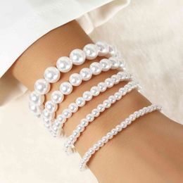 HOT SALNew Arrival 5Pcs Women Bracelet Stretch Multilayer Jewellery Plastic Faux Pearl Beads Bracelet Wedding