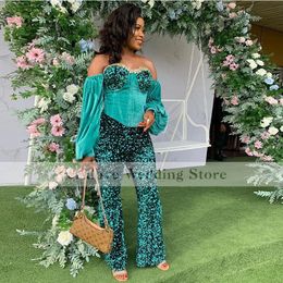 Dark Green Prom Dress Pants Suits 2022 Off Shoulder Party Suit for African Girl Long Sleeves Sequin Evening Gown