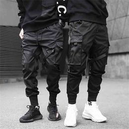 Men Cargo Pants Black Ribbons Block Multi-Pocket Harem Joggers Harajuku Sweatpant Hip Hop Casual Harem Male Trousers 210714