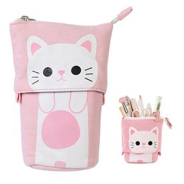 canvas Cartoon Cute Cat Telescopic Pencil Pouch Bag Stationery Pen Case Box with Zipper Closure Pencil Case Cartoon Cat Bag