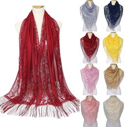 190cm Women Elegant Luxury Thin Lace Shawls Scarf For Ladies Muslim Islamic Tassel Lace Hollow Long Hijab Scarf Shawl Wrap Stole