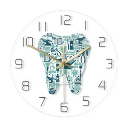 Dentist Dental Care Symbols Wall Clock Acrylic Hanging Clock Silent Movement Time Clock Teeth Design Dental Department Decor 210325