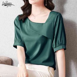 Summer Short Sleeve Silk Women Blouse and Tops Office Lady Skew Collar Satin Shirts Plus Size Female Clothing 13906 210508