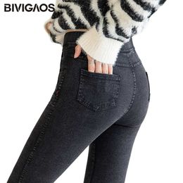 BIVIGAOS Women Jeans Pencil Pants Sand Washed Stretch Jeans Leggings Korean Pocket Red Line Leggings Magic Black Grey Jeggings 211111