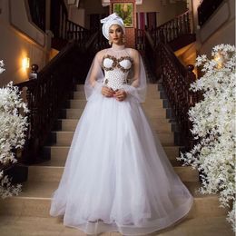 Sexy llusion Long Sleeves Wedding Gowns For African Women 2022 Major Beads Pearls Plus Size Aso Ebi Bridal Dress