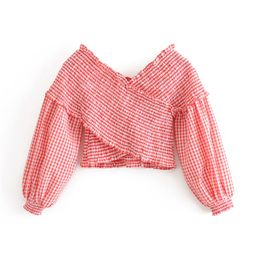 Stylish Sweet Smocked Elastic Plaid Crop Blouses V Neck Long Sleeve Summer Female Shirts Blusa Chic Tops 210430
