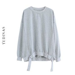 Yedians Sweatshirt Tracksuit Women Grey Loose Hoodies For Long Sleeve O Neck Streetwear With Belt Korean 210527