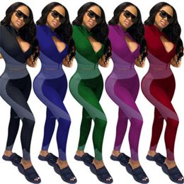 Womens Splicing Colour Tracksuits Fashion Trend Cardigan Zipper Long Sleeve Tops Pant Suits Spring Female Fitness Exercise Casual Sports Sets