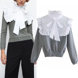 Autumn Contrast Poplin Patchwork Knitted Cropped Sweater Women Ruffle High Neck Bow Tied Long sleeve Ladies Cute 210519