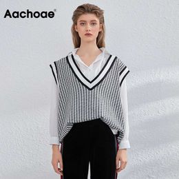 Aachoae Vintage Houndstooth Vest Sweater Women Chic V Neck Plaid SleevelPullover Tops Casual Loose Knitted Waistcoat X0721