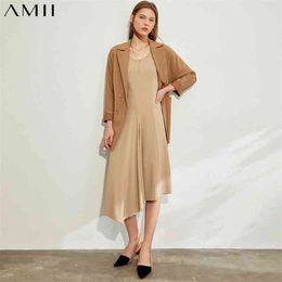 Minimalism Cotton Women's Summer Dress Offical Lady Solid Oneck Irregular Hem Knee-length 12070172 210527