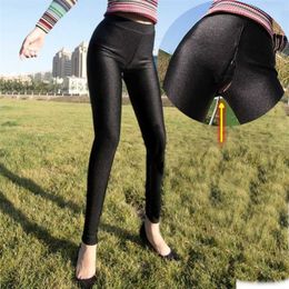 Spring and Summer Invisible Zipper Open Crotch Ice Silk Leggings Show Women's Interest for Outdoor Convenienceopen Pants Sexy 211204