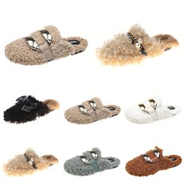 Cheaper Newly autumn winter womens slippers metal chain all inclusive wool slipper for women white outer wear plus big szie Muller half drag shoes Eur 35-40