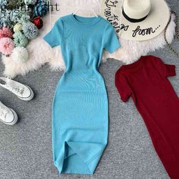 Gaganight Solid Knitted Elegant Women Summer Dress Short Sleeve O Neck Midi Bodycon Dresses Office Lady Basic Stretchy Vestidos 210519