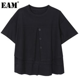 [EAM] Women Black White Big Size =Single Breasted T-shirt Loose Round Neck Short Sleeve Fashion Summer 1DD6492 21512