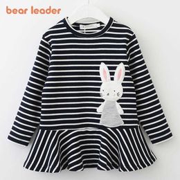 Bear Leader Girls Striped Dress 2021 New Spring Autumn Kids Girl Cartoon Bunny Dresses Long Sleeve Rabbit Suits Ruffles Clothing Q0716