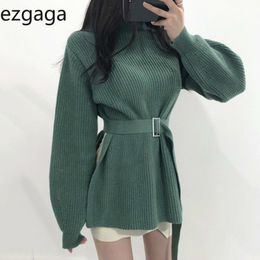 Ezgaga Lace Up Long Sweater Pullover Women Turtleneck Loose Split Korean Chic Winter Office Lady Elegant Solid Knit Tops Jumper 210430