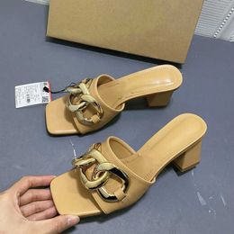 Women's Sandals High Heels Metal Chain New Square Toe Fashion Back Hollow Thick Heel Woman Summer Shoes Retro Mules Footwear Y0608