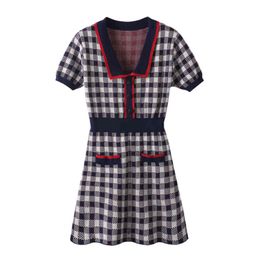 Women's Blue Plaid Turn Down Collar Button A-line Pocket Short Sleeve Mini Dress Summer Elegant D2595 210514