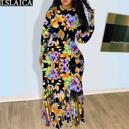 Women Dress Autumn Long Sleeve o Neck Tassel Female Maxi Floral Print Black Plus Size Boho Beach Holiday Jurken 210515