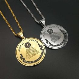 Masonic All Seeing Eye of Providence Pendants Necklaces Women/Men Gold Color Stainless Steel Round Coin Hip Hop Jewelry