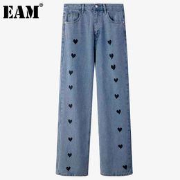 [EAM] Высокая талия синий большой размер сердца печати Широкая нога джинсы свободные женщины брюки мода весна осенью 1dd6339 21512