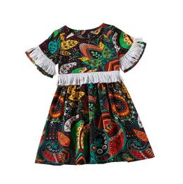 National Romantic short sleeved baby girl dress with tassels children summer clothing