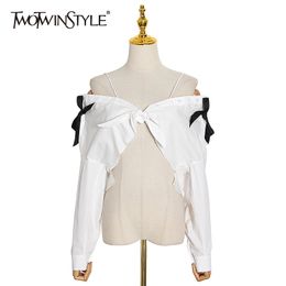 TWOTWINSTYLE Sexy Party Short Shirt For Women V Neck Long Sleeve Lace Up Bowknot White Blouse Female Summer Fashion 210517