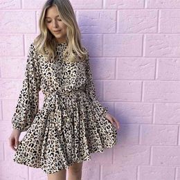 Casual Women leopard print dress Ruffles Long Sleeve Dress A line Elegant Fashion Chic Autumn Winter 210427